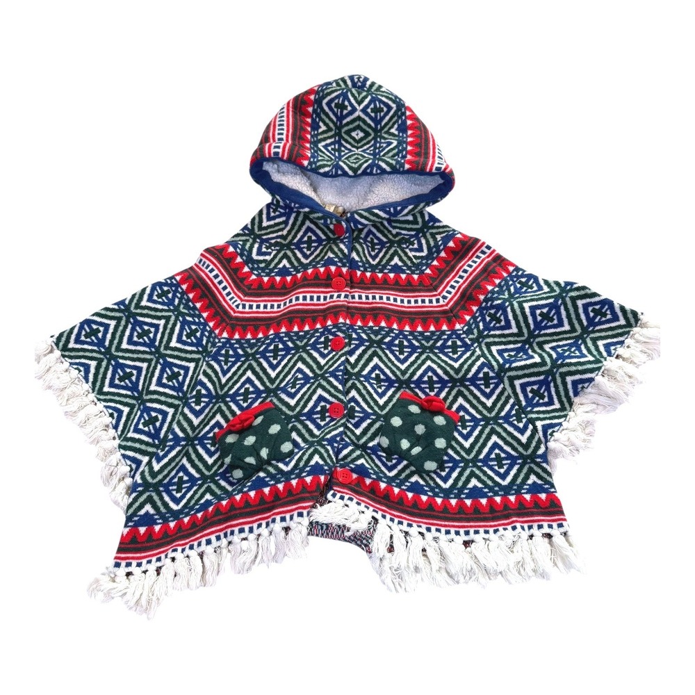 Matilda Jane Kids‎ Geometric Print Hooded Poncho Fleece Lined Fringe Size 6